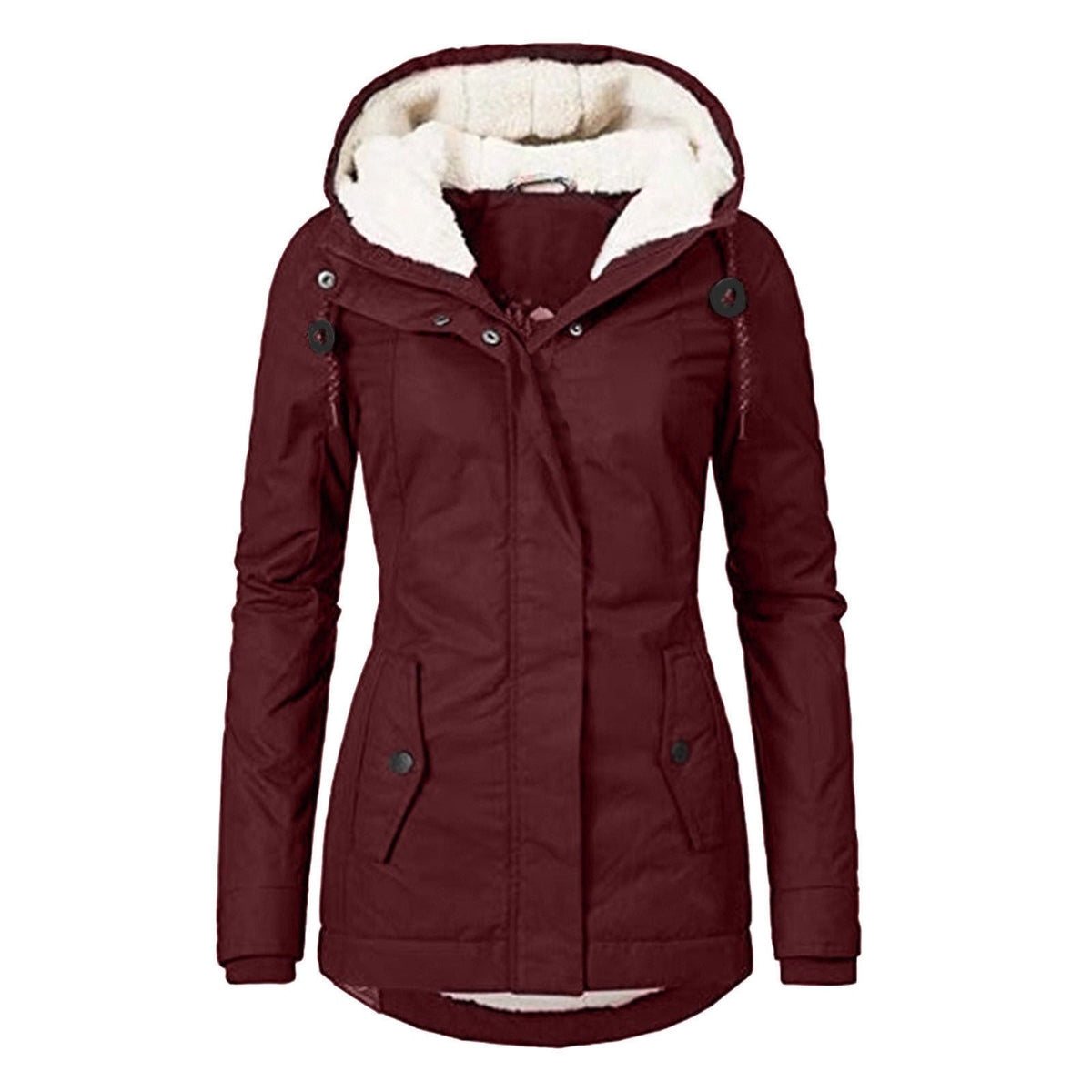 Winter Hooded Jacket Solid Color Warm Buckle Zip-up Fleece Jacket With Pockets Women's Casual Jacket LadyShow.Store