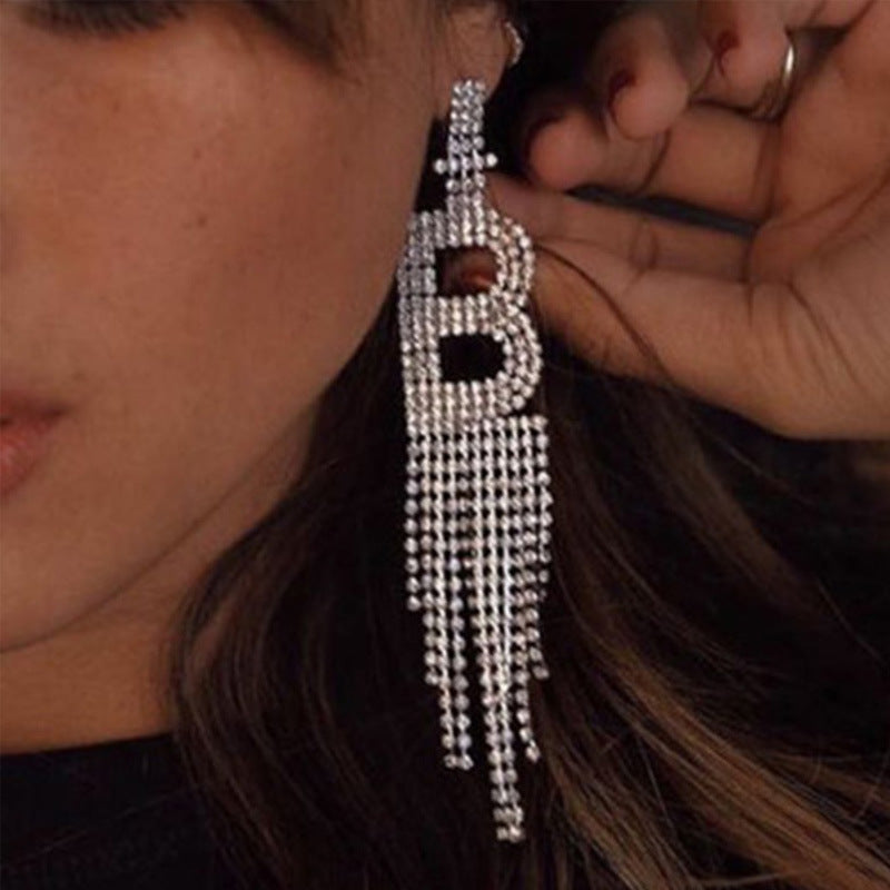 Fashion Jewelry 925 Silver Needle Ornaments Rhinestone Letter B Earrings Banquet Tassel Ear Ornaments Female CJD2