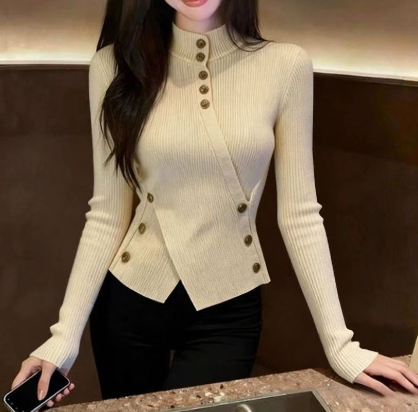 Autumn And Winter Retro Apricot Semi-high Neck Knitted Sweater Women's Fitted Base Shirt Long Sleeve Top LadyShow.Store