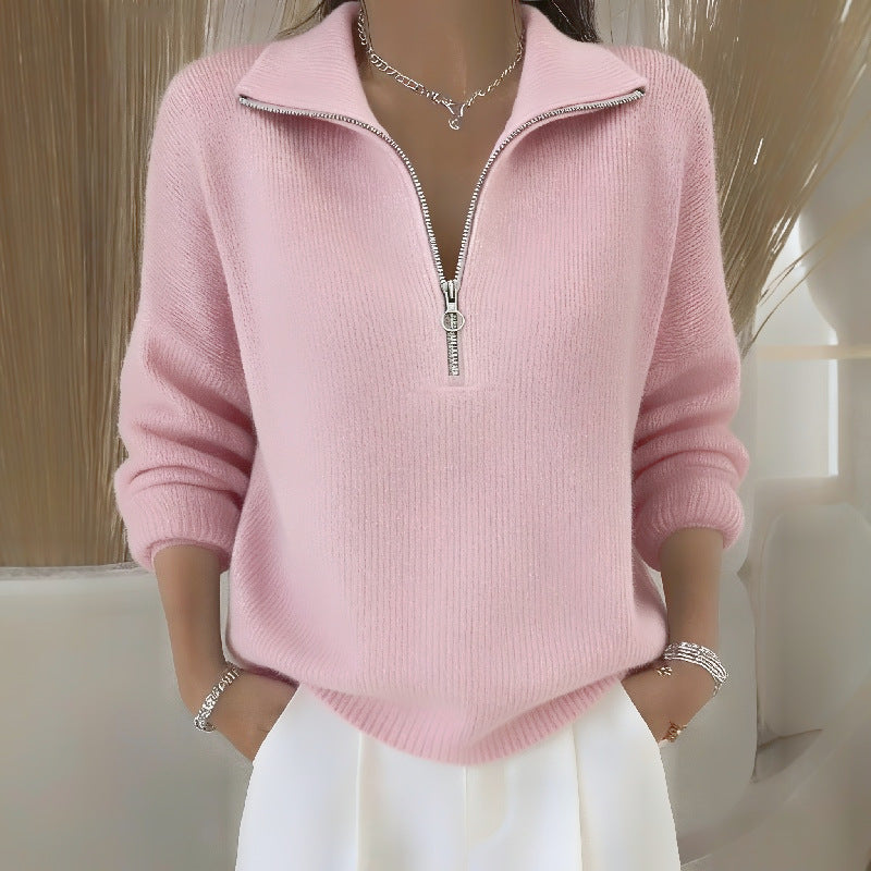 Womens Slimming Casual Fashionable, Versatile Knitted Sweater With A Zippered Lapel NorixaFashion.com