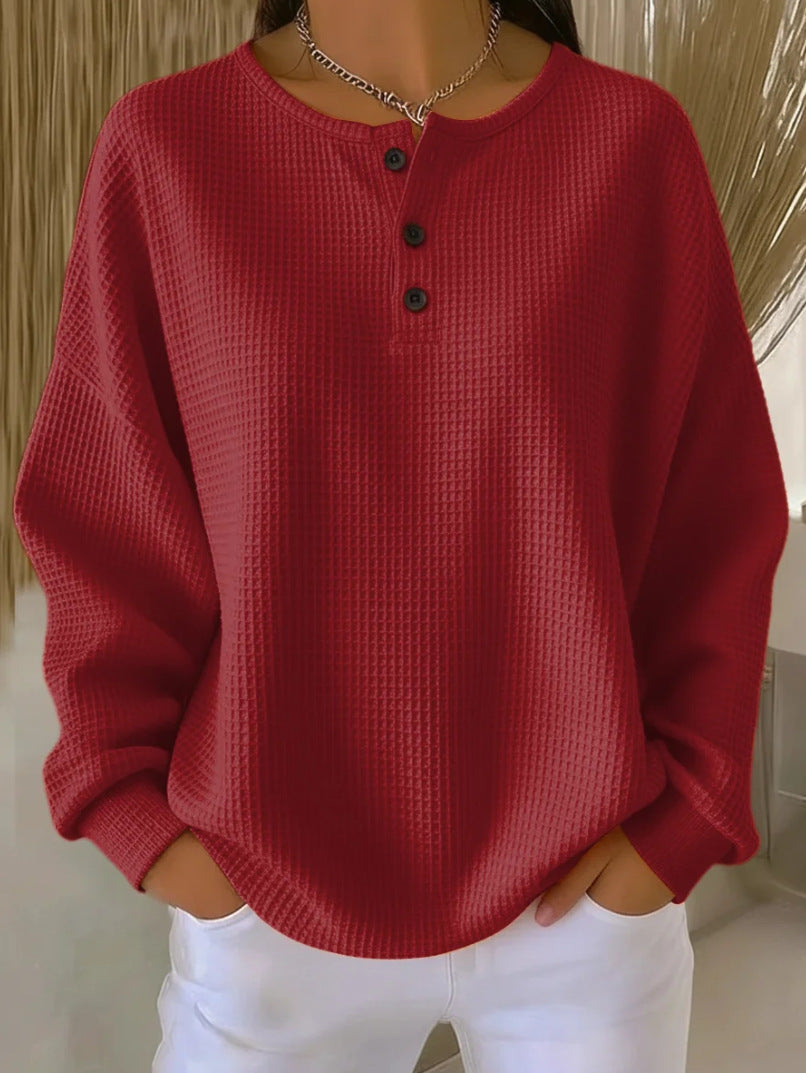 Ins Waffle Long-sleeved T-shirt Fashion Solid Color Buttons Round Neck Pullover Top Women's Clothing NorixaFashion.com