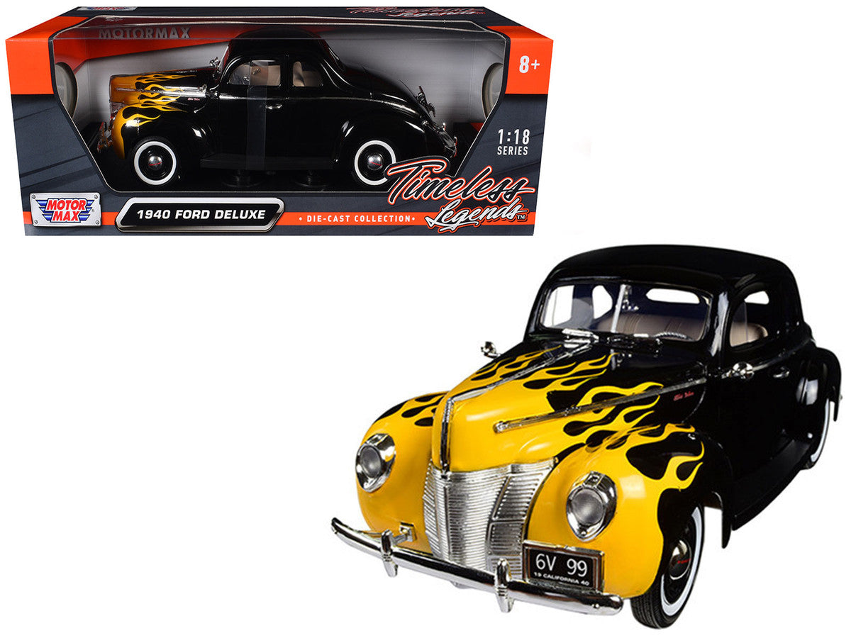 1940 Ford Deluxe Black with Yellow Flames "Timeless Classics" 1/18 Diecast Model Car by Motormax LuxuryLifeWay Online Store