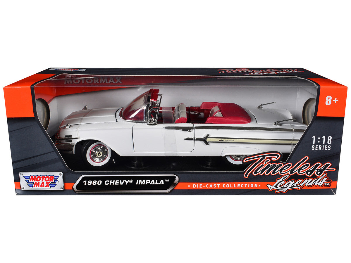 1960 Chevrolet Impala Convertible White with Red Interior 1/18 Diecast Model Car by Motormax LuxuryLifeWay Online Store
