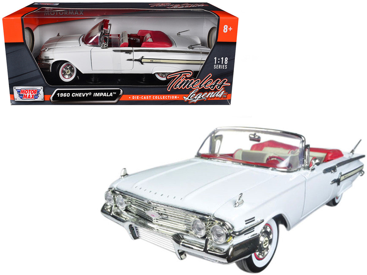 1960 Chevrolet Impala Convertible White with Red Interior 1/18 Diecast Model Car by Motormax LuxuryLifeWay Online Store