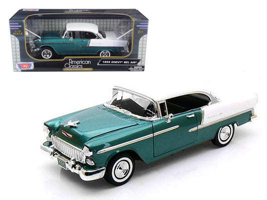 1955 Chevrolet Bel Air Hard Top Green Metallic and White 1/18 Diecast Model Car by Motormax LuxuryLifeWay Online Store