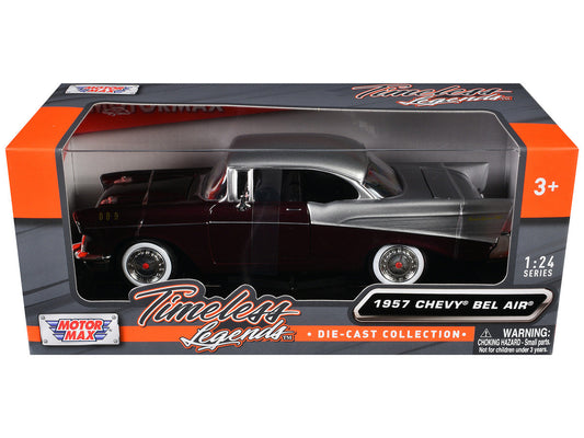 1957 Chevrolet Bel Air Burgundy Metallic and Silver Metallic "Timeless Legends" Series 1/24 Diecast Model Car by Motormax LuxuryLifeWay Online Store