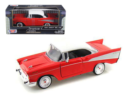 1957 Chevrolet Bel Air Red with White Top 1/24 Diecast Model Car by Motormax LuxuryLifeWay Online Store