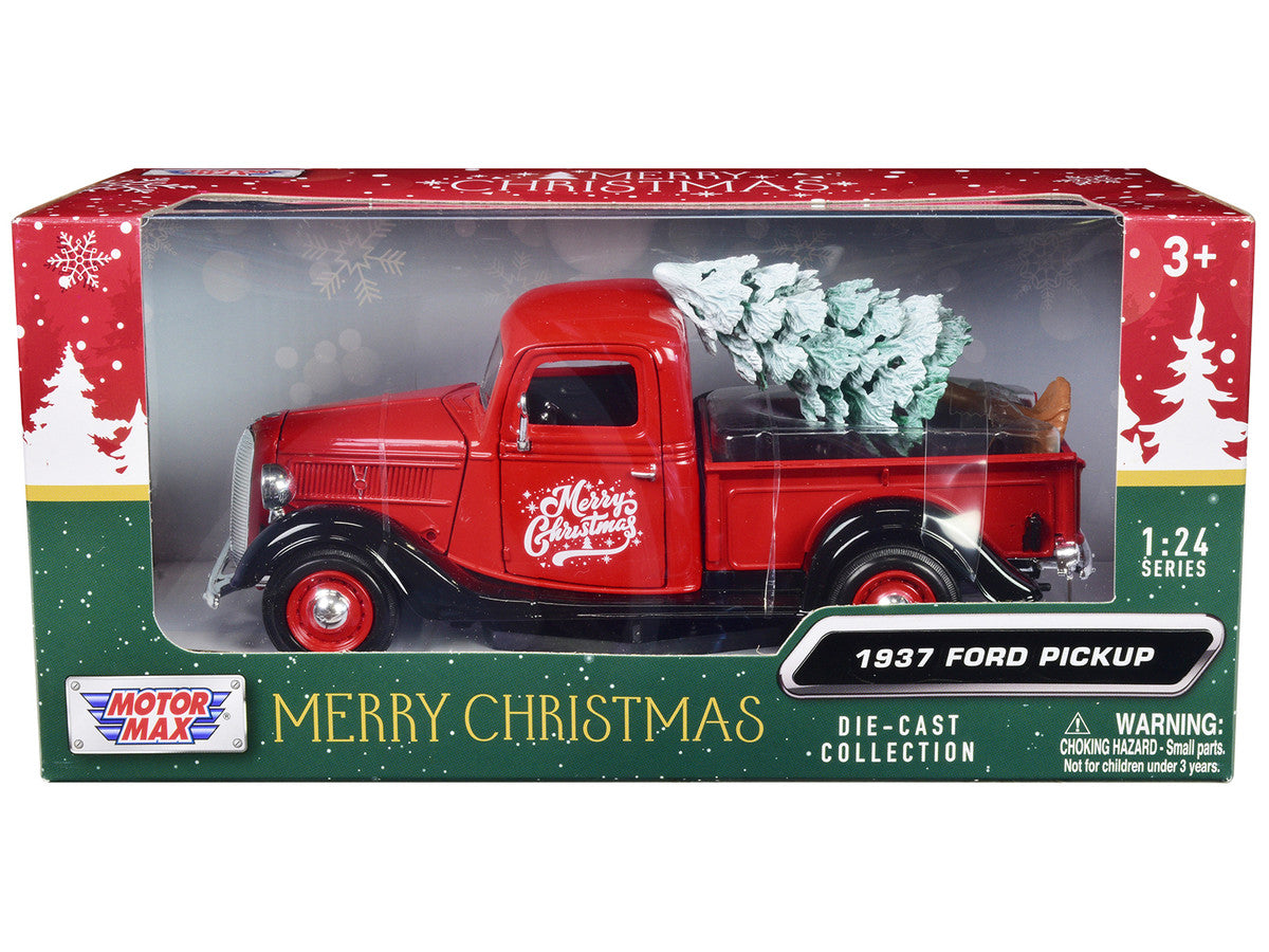 1937 Ford Pickup Truck Red and Black "Merry Christmas" with Tree Accessory 1/24 Diecast Model Car by Motormax LuxuryLifeWay Online Store