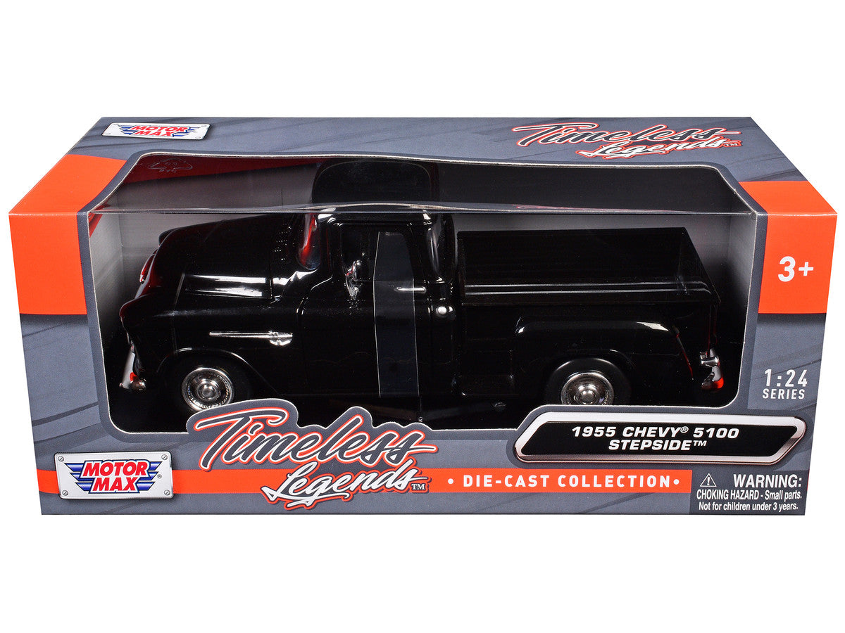 1955 Chevrolet 5100 Stepside Pickup Truck Black 1/24 Diecast Car Model by Motormax LuxuryLifeWay Online Store