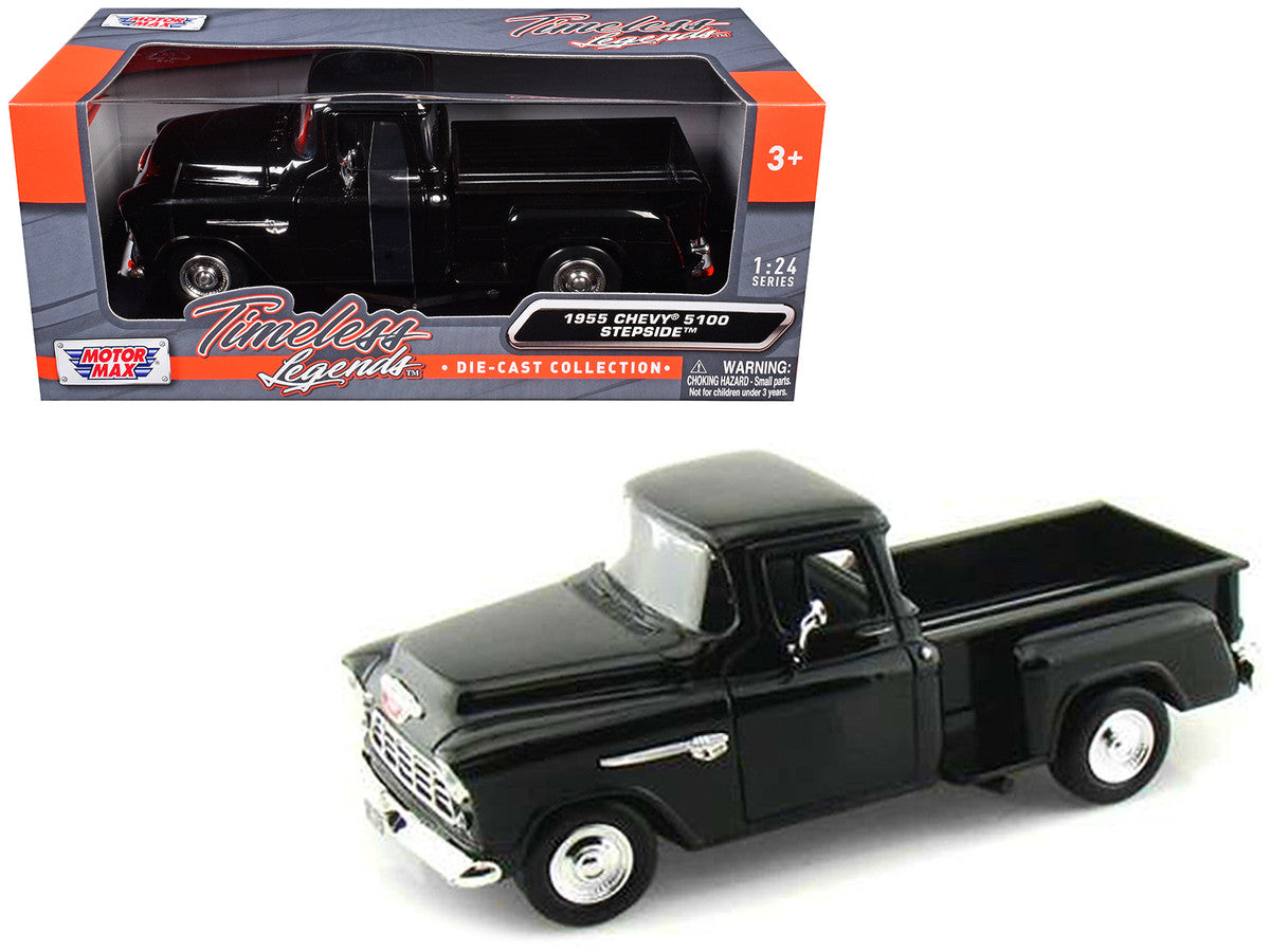 1955 Chevrolet 5100 Stepside Pickup Truck Black 1/24 Diecast Car Model by Motormax LuxuryLifeWay Online Store