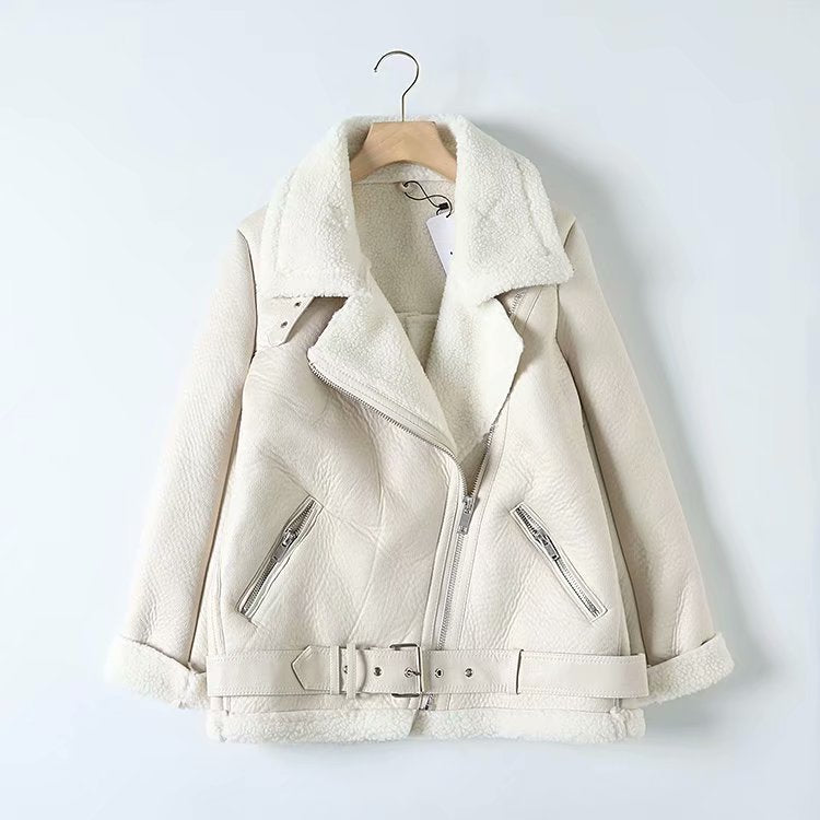 Women's Long Faux Leather Jacket with Lambswool Lining Pi-Mart