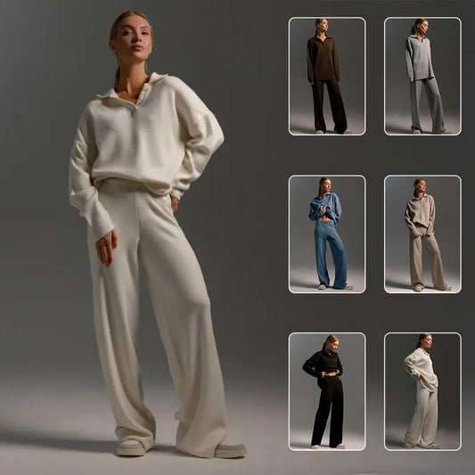 Fall Winter Two Piece Set Women's Simple Loose Solid Color Collar Sweater Set Fashion Casual Sport Wear Set LadyShow.Store