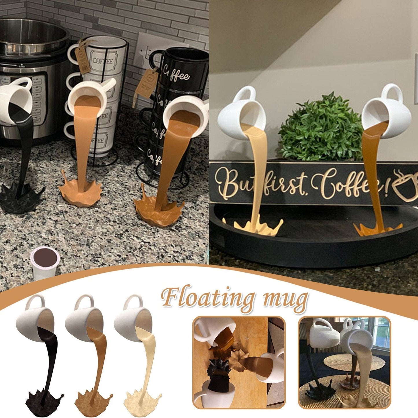 Floating Coffee Cup Mug Sculpture Kitchen Decor Pouring Spilling Decoration PearlNestDecor.com