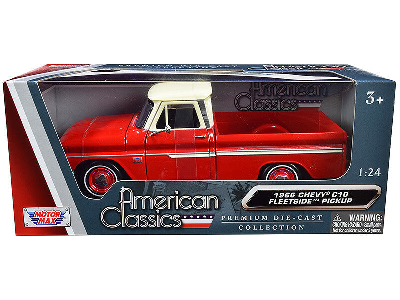 1966 Chevrolet C10 Fleetside Pickup Truck Red with Cream Top "American Classics" 1/24 Diecast Model Car by Motormax LuxuryLifeWay Online Store