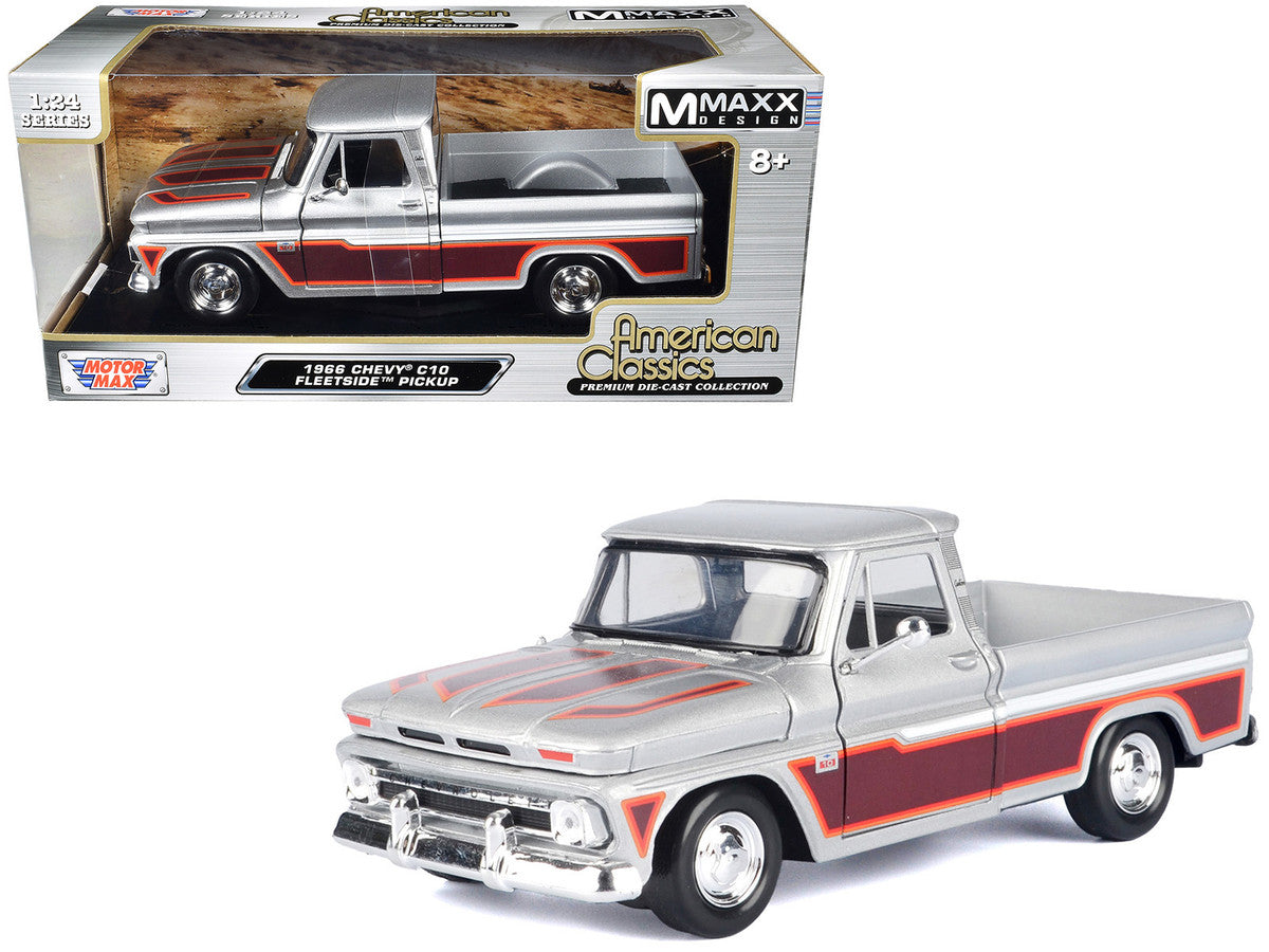 1966 Chevrolet C10 Fleetside Pickup Truck Silver Metallic with Brown Sides "American Classics" Series 1/24 Diecast Model Car by Motormax LuxuryLifeWay Online Store