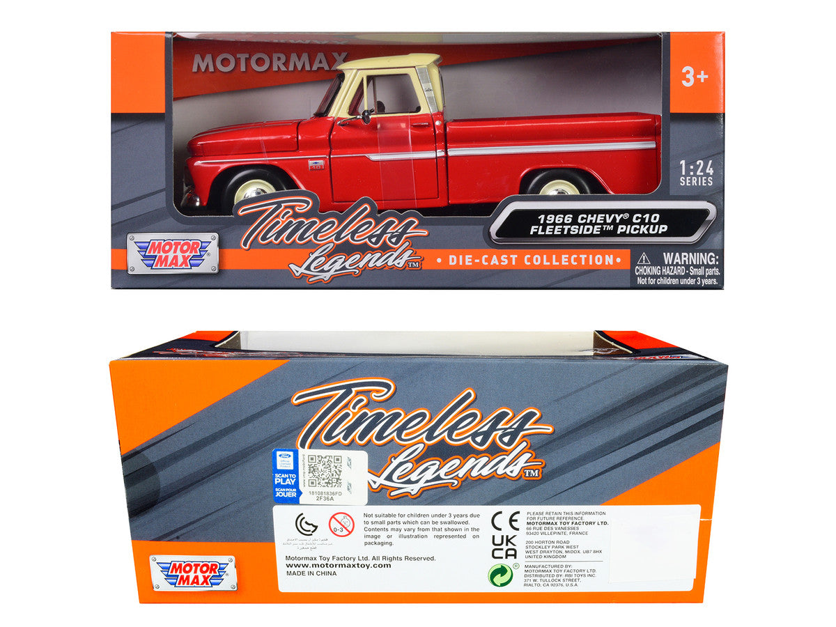 1966 Chevrolet C10 Fleetside Pickup Truck Red with Cream Top "American Classics" 1/24 Diecast Model Car by Motormax LuxuryLifeWay Online Store