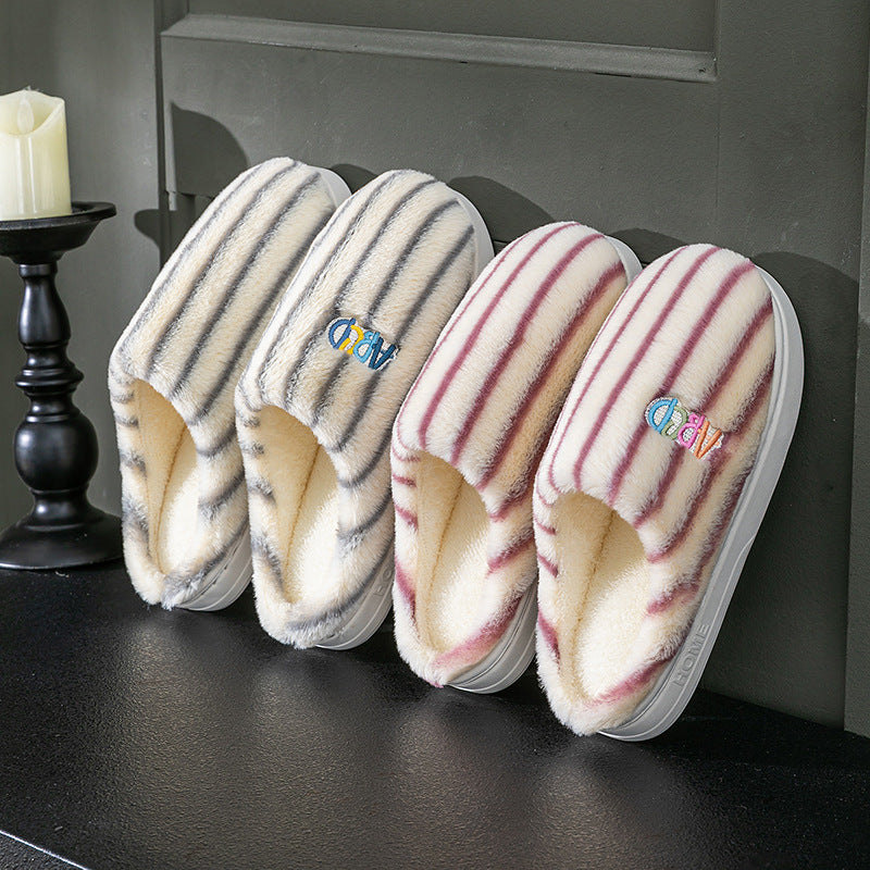 Ins Plush Striped Slippers Winter Warm Letter Embroidered Shoes Fashion Floor Bedroom Home Slipper For Women Men Couples CJD