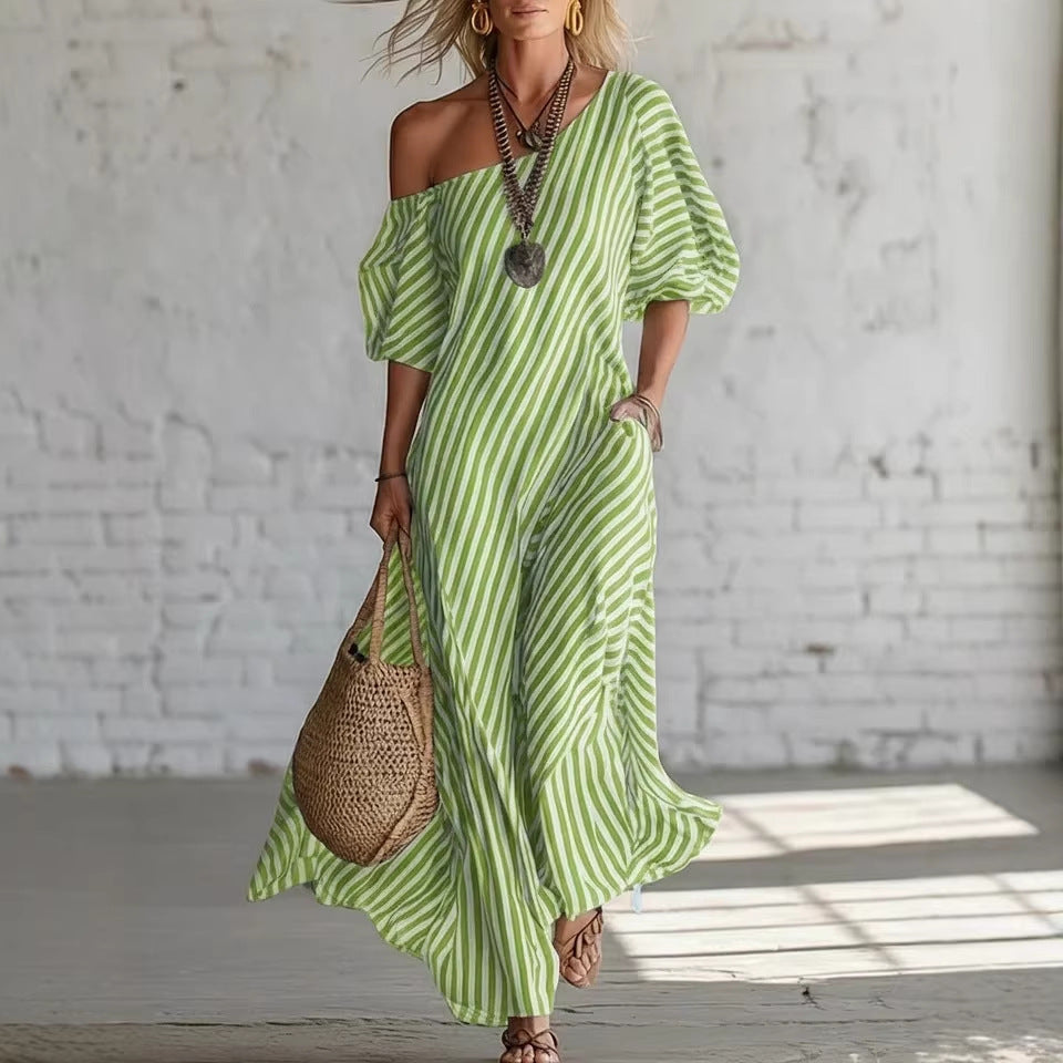 Womens Striped Off-shoulder Dress LadyShow.Store