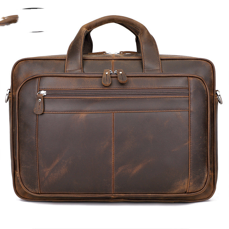 Vintage Leather Men's Crazy Horse Leather Handbag Large Business CJD