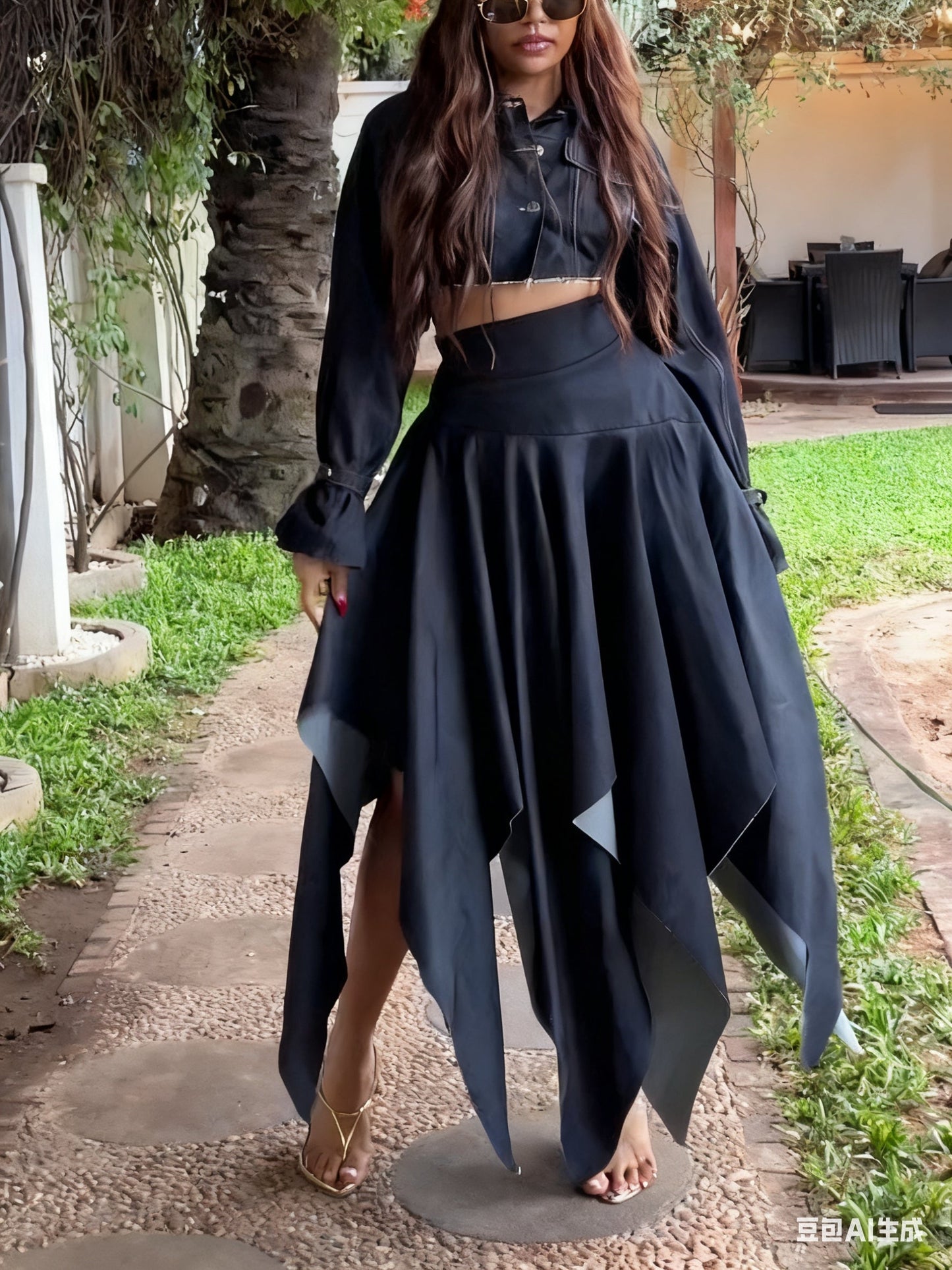 Chic Long-sleeved Cropped Jacket & Irregular Hem Denim Skirt Set NorixaFashion.com