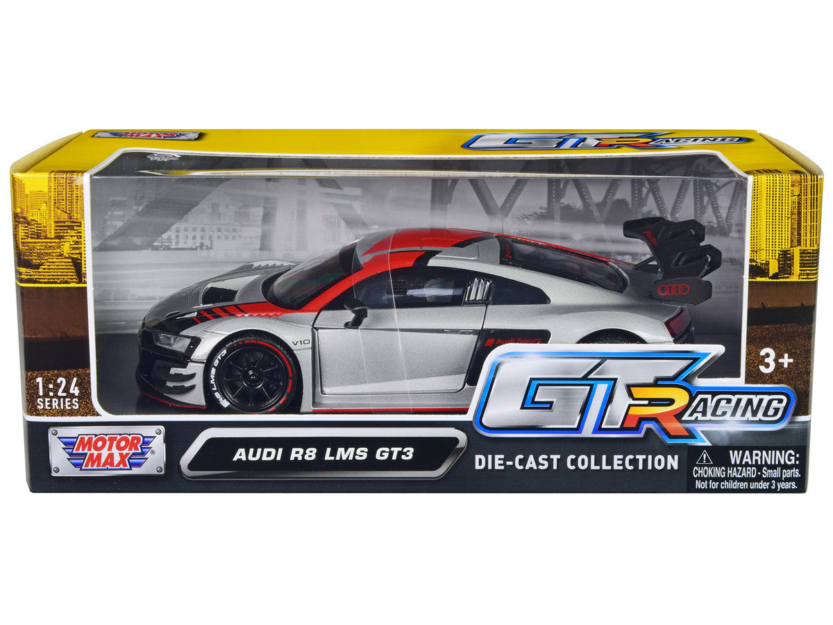 Audi R8 LMS GT3 Silver Metallic with Graphics "GT Racing" Series 1/24 Diecast Model Car by Motormax LuxuryLifeWay Online Store