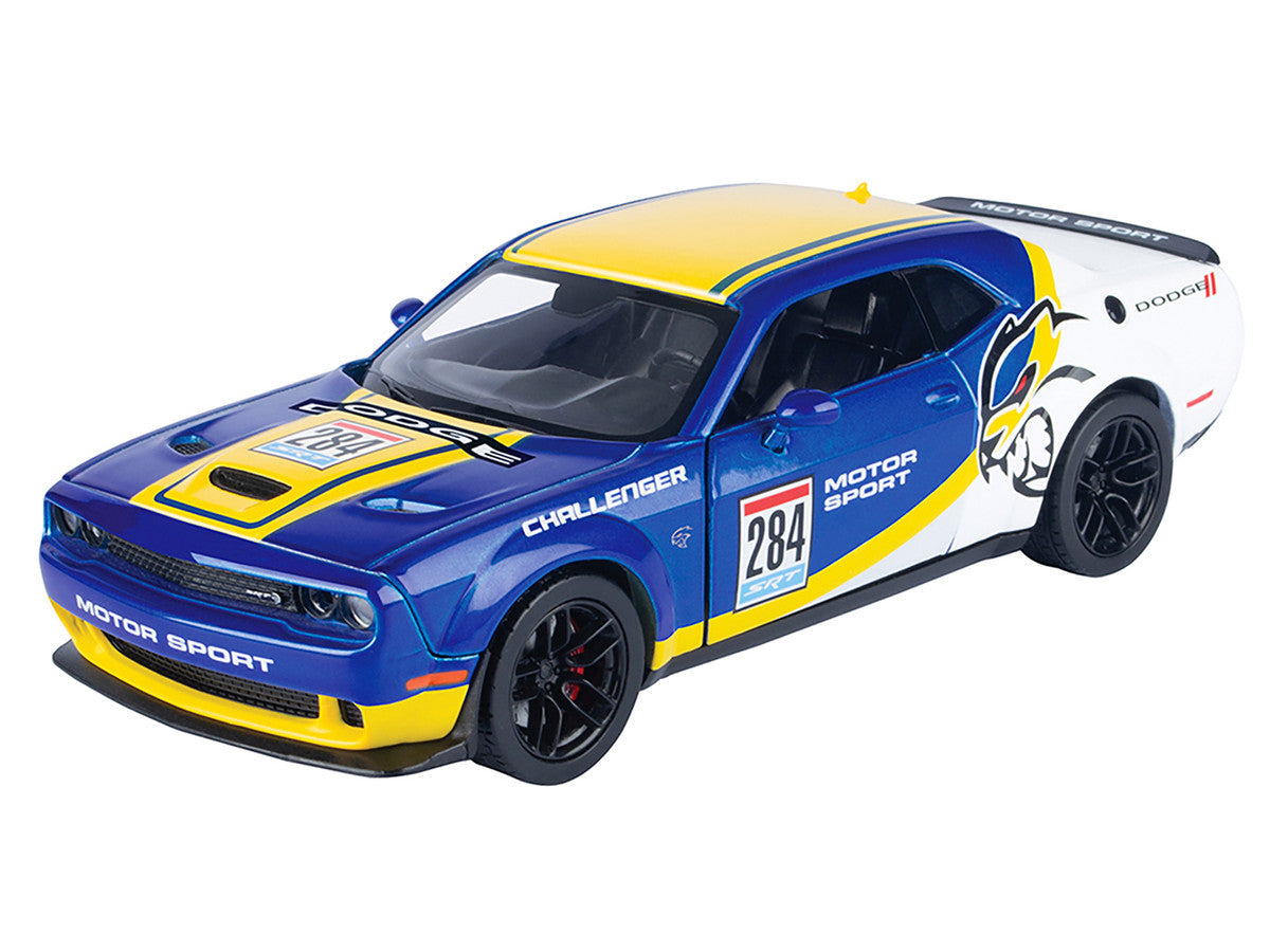 2018 Dodge Challenger SRT Hellcat Widebody #284 Blue Metallic and White with Yellow Graphics "GT Racing" Series 1/24 Diecast Model Car by Motormax LuxuryLifeWay Online Store