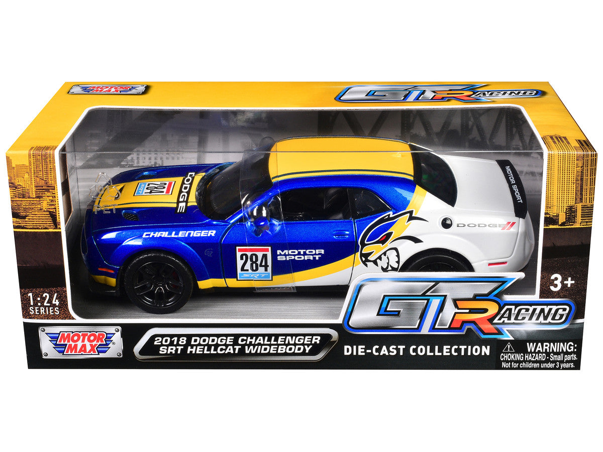 2018 Dodge Challenger SRT Hellcat Widebody #284 Blue Metallic and White with Yellow Graphics "GT Racing" Series 1/24 Diecast Model Car by Motormax LuxuryLifeWay Online Store