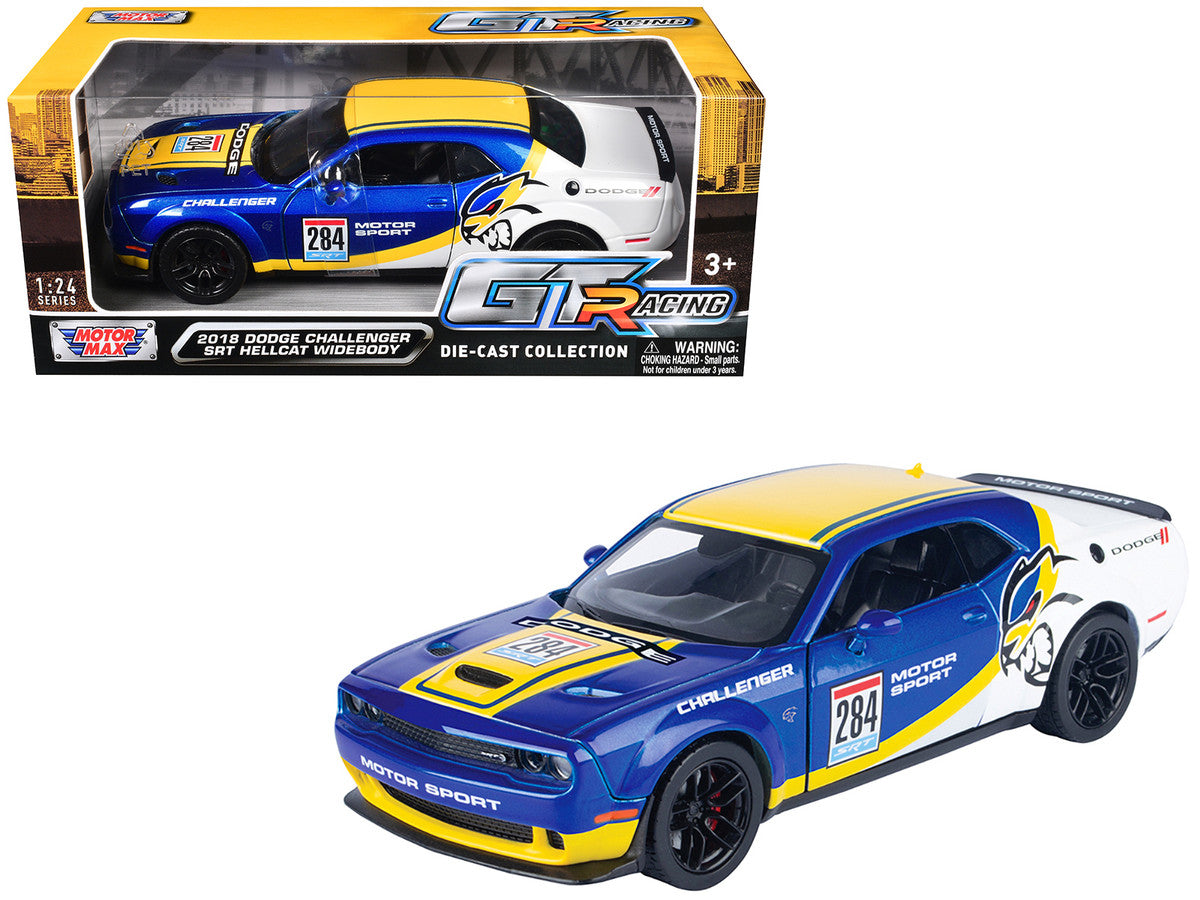 2018 Dodge Challenger SRT Hellcat Widebody #284 Blue Metallic and White with Yellow Graphics "GT Racing" Series 1/24 Diecast Model Car by Motormax LuxuryLifeWay Online Store