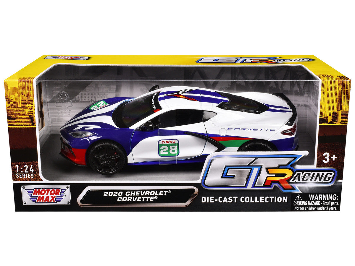 2020 Chevrolet Corvette #28 White with Blue Graphics "GT Racing" Series 1/24 Diecast Model Car by Motormax LuxuryLifeWay Online Store