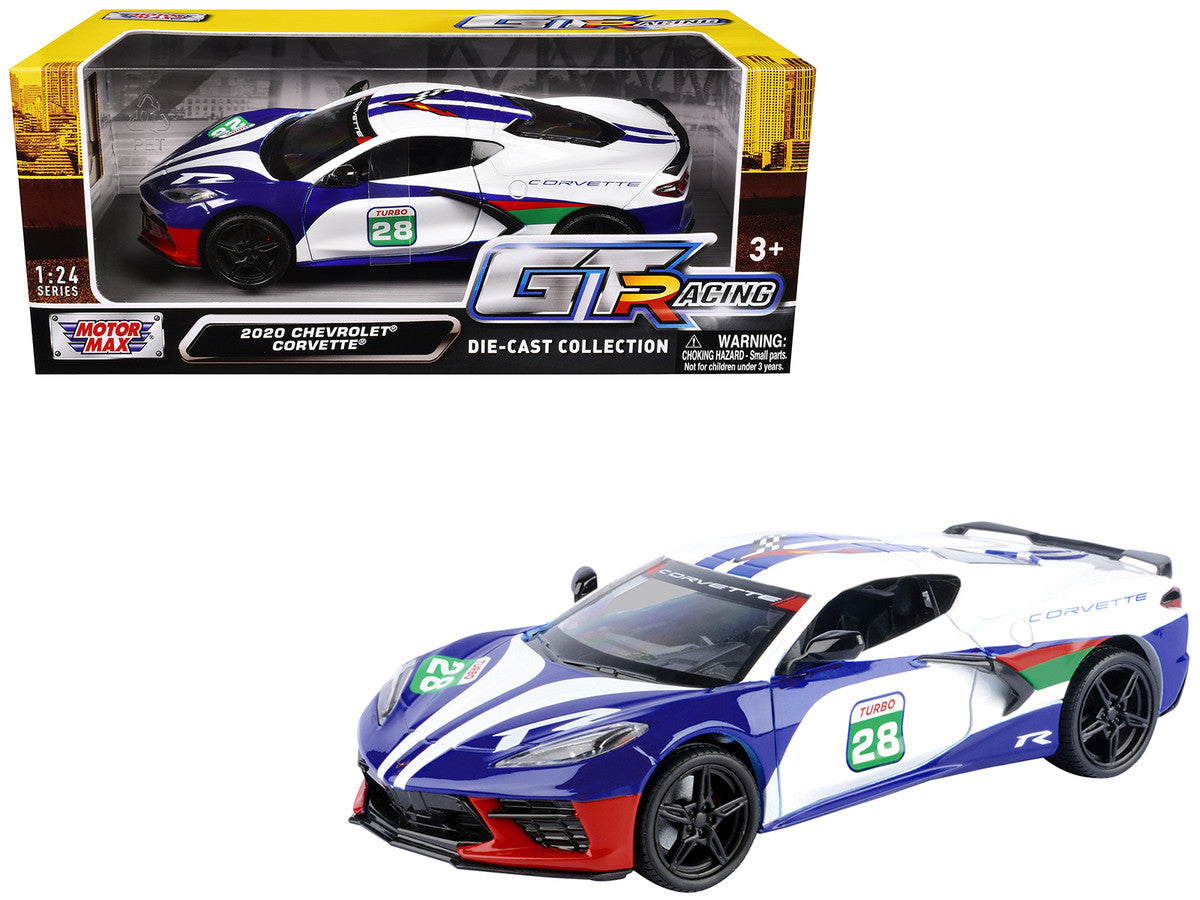 2020 Chevrolet Corvette #28 White with Blue Graphics "GT Racing" Series 1/24 Diecast Model Car by Motormax LuxuryLifeWay Online Store