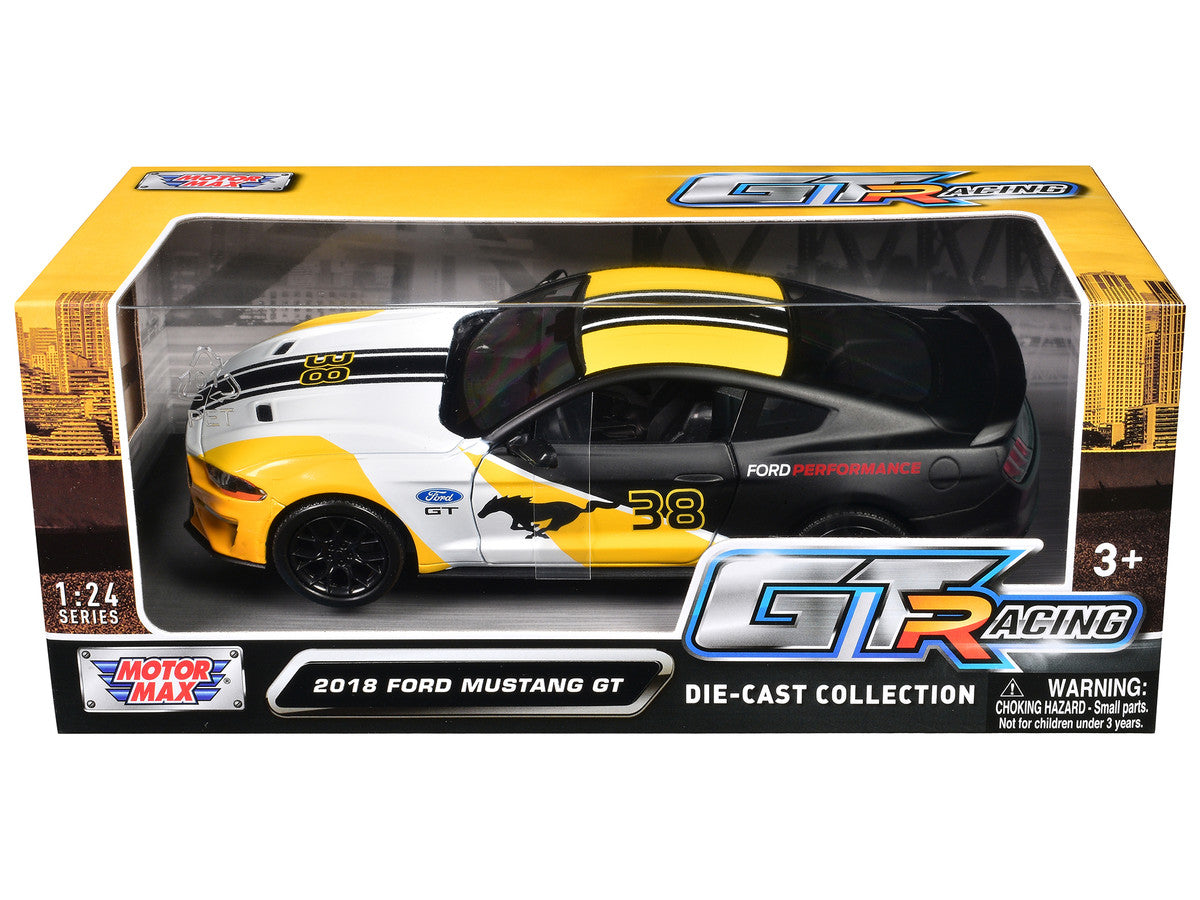 2018 Ford Mustang GT #38 White and Matt Black with Yellow Graphics "GT Racing" Series 1/24 Diecast Model Car by Motormax LuxuryLifeWay Online Store