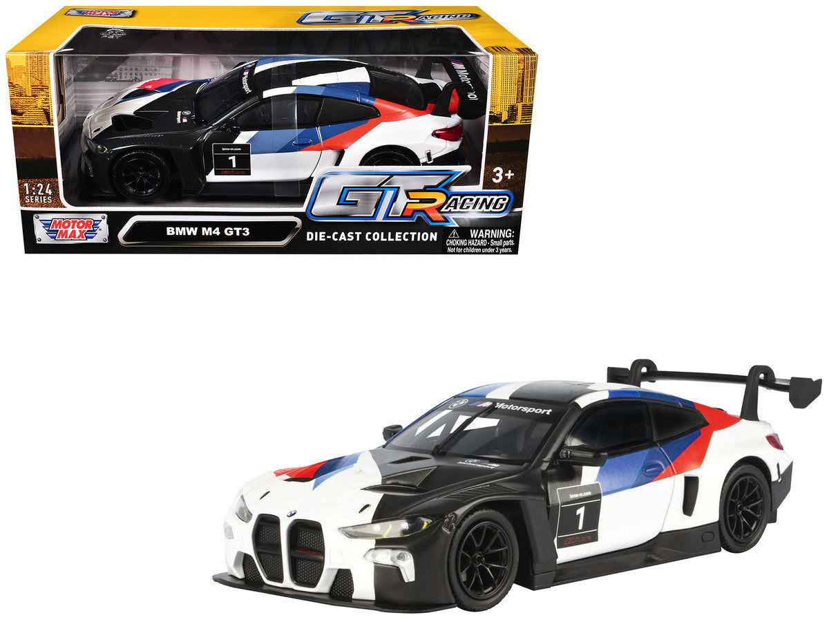 BMW M4 GT3 #1 White with Black Blue and Red Graphics "GT Racing" Series 1/24 Diecast Model Car by Motormax LuxuryLifeWay Online Store