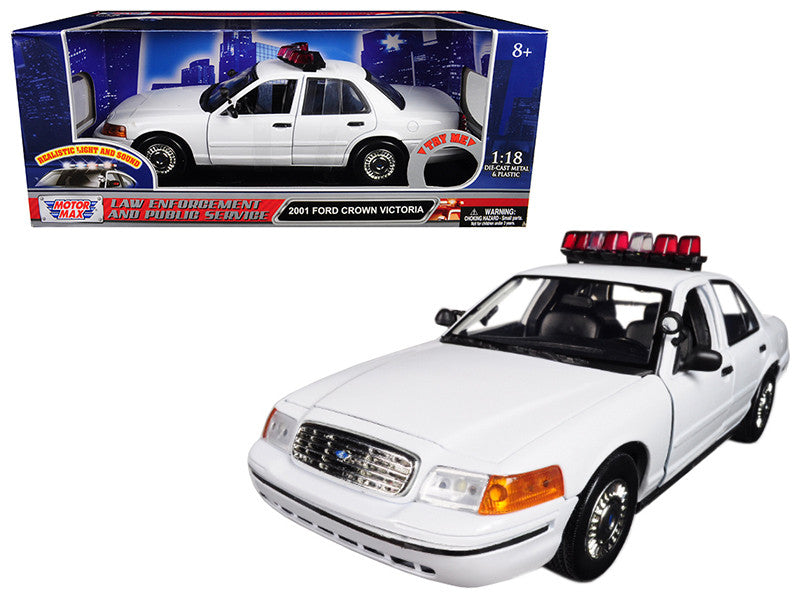 2001 Ford Crown Victoria Police Car Plain White with Flashing Light Bar and Front and Rear Lights and Sounds 1/18 Diecast Model Car by Motormax LuxuryLifeWay Online Store