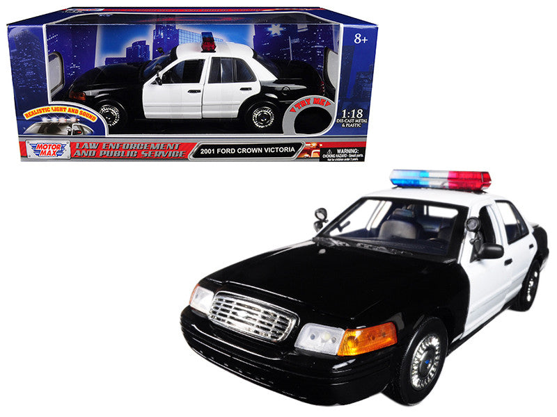 2001 Ford Crown Victoria Police Car Plain Black & White with Flashing Light Bar & Front and Rear Lights and Sound 1/18 Diecast Model Car by Motormax LuxuryLifeWay Online Store