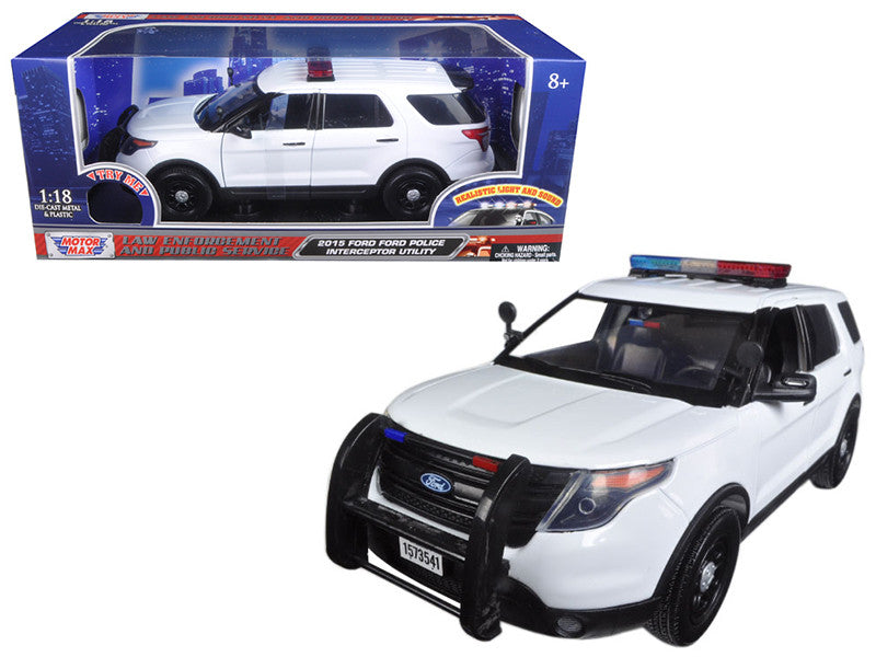 2015 Ford Police Interceptor Utility White with Flashing Light Bar and Front and Rear Lights and 2 Sounds 1/18 Diecast Model Car by Motormax LuxuryLifeWay Online Store