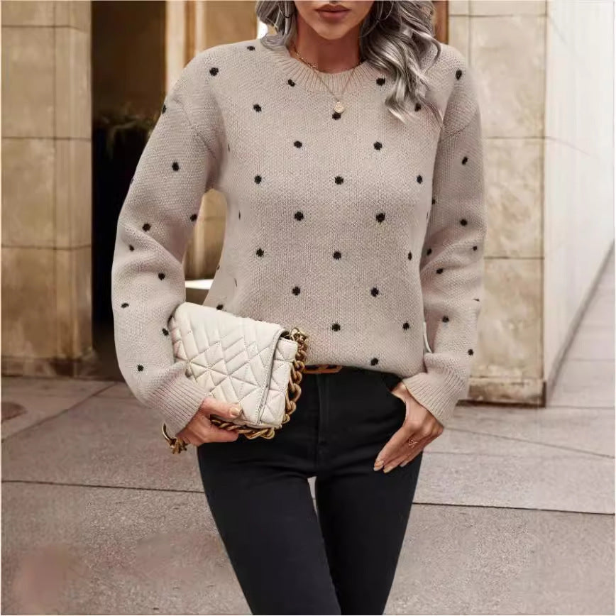 Ins Polka Dot Print Pullover Sweater Fashion Casual Long-sleeved Jacquard Knitted Top Winter Round Neck Clothing For Women Best YouTube Store