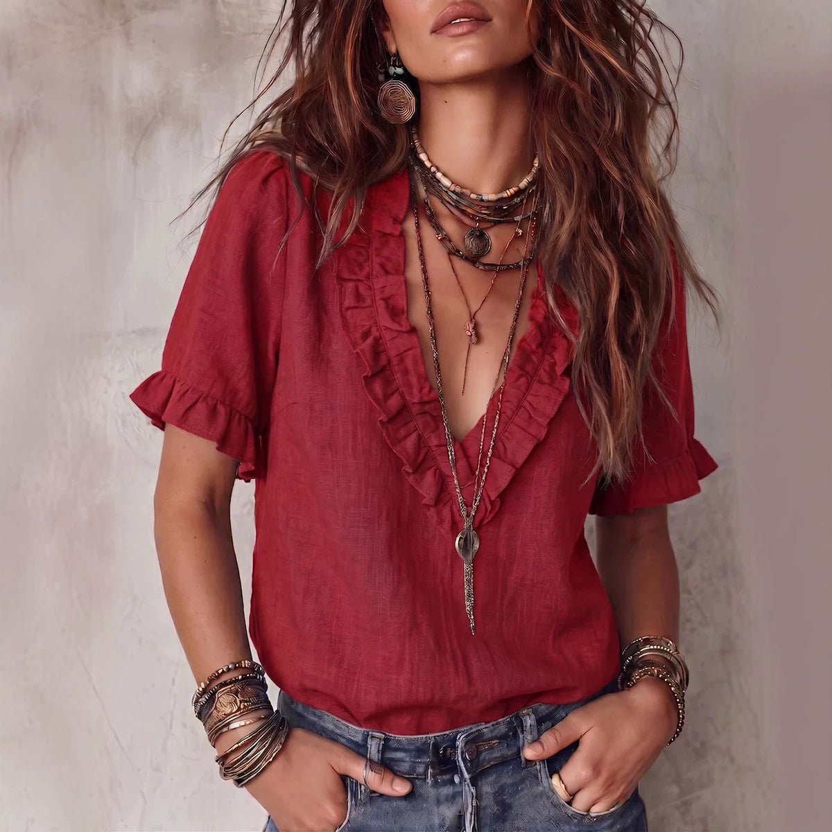 Cotton Pleated V-neck Casual Shirt Top Womens Clothing NorixaFashion.com
