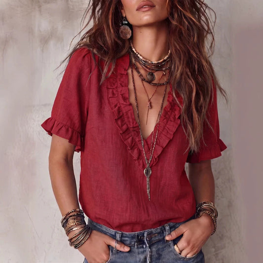 Cotton Pleated V-neck Casual Shirt Top Womens Clothing NorixaFashion.com