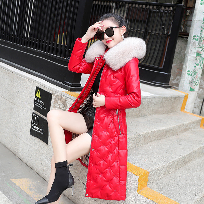 Down Jacket Mid-length Hooded Women's Leather Jacket CJD