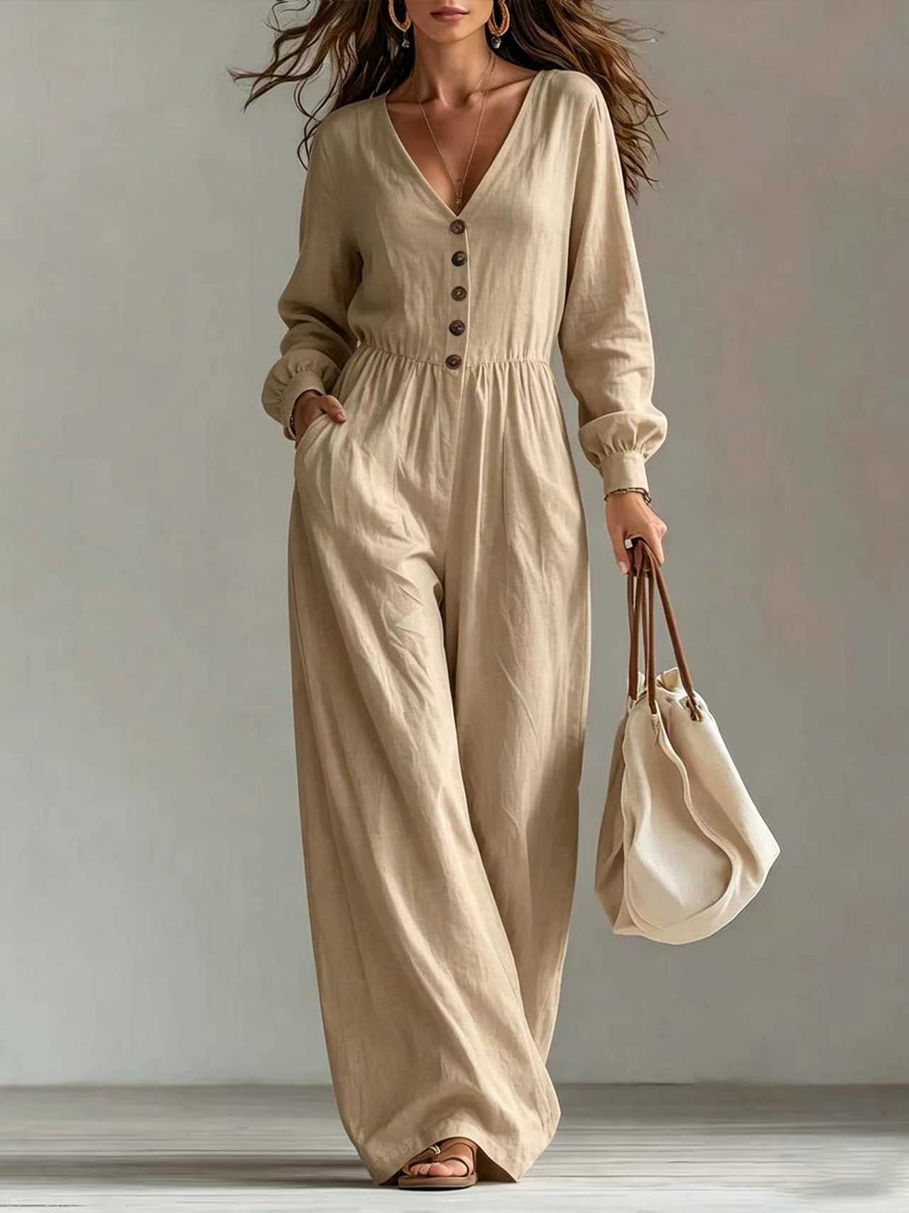 New Autumnwinter Casual Chic Womens V-neck Long-sleeve Jumpsuit With Pockets NorixaFashion.com
