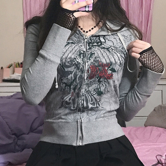 Graphic Print Retro Casual Hooded Jackets Spring Autumn Vint CJD