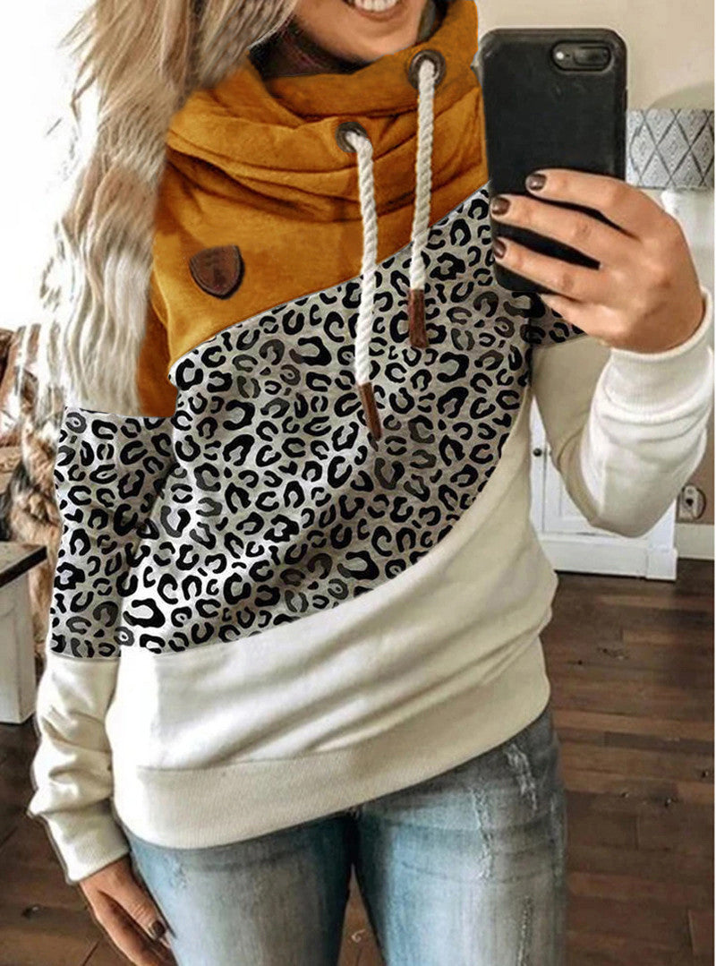 Printed stitching hooded fleece loose sweatshirt