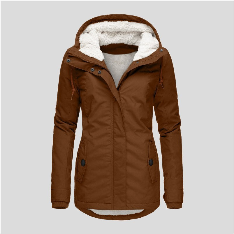 Winter Hooded Jacket Solid Color Warm Buckle Zip-up Fleece Jacket With Pockets Women's Casual Jacket LadyShow.Store