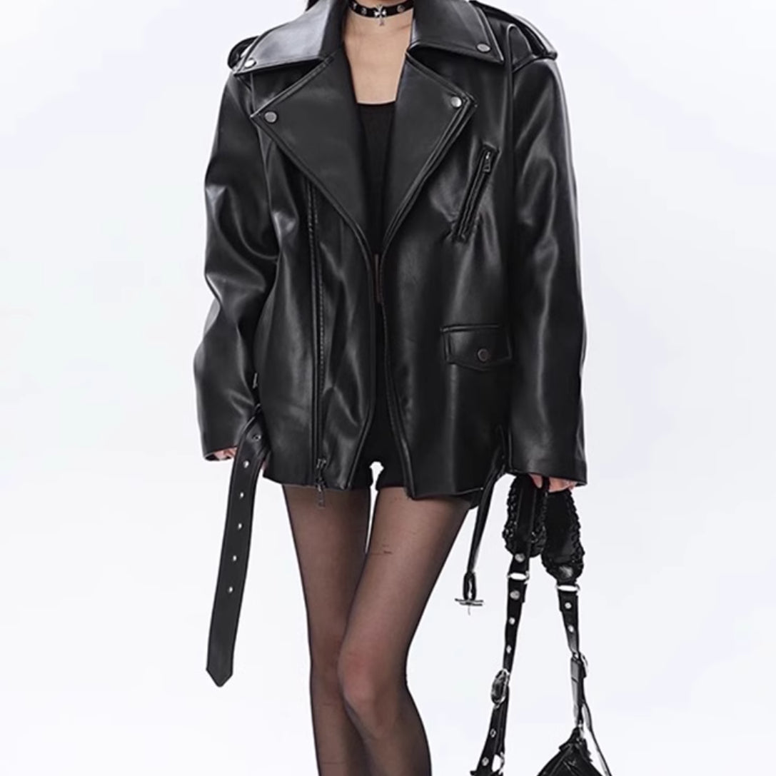 Leather Coat Women's Loose Motorcycle Jacket LadyShow.Store
