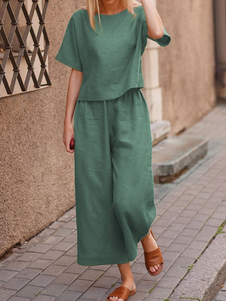 European And American Women's Linen Casual Loose Solid Color Suit Two-piece Women LadyShow.Store