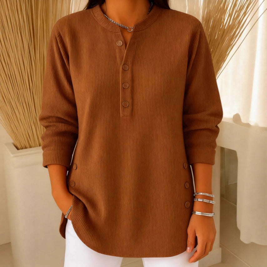 V-neck Buttons Sweater Fashion Casual Solid Color Long-sleeved Tops Women's Blouse T-shirt Clothing NorixaFashion.com