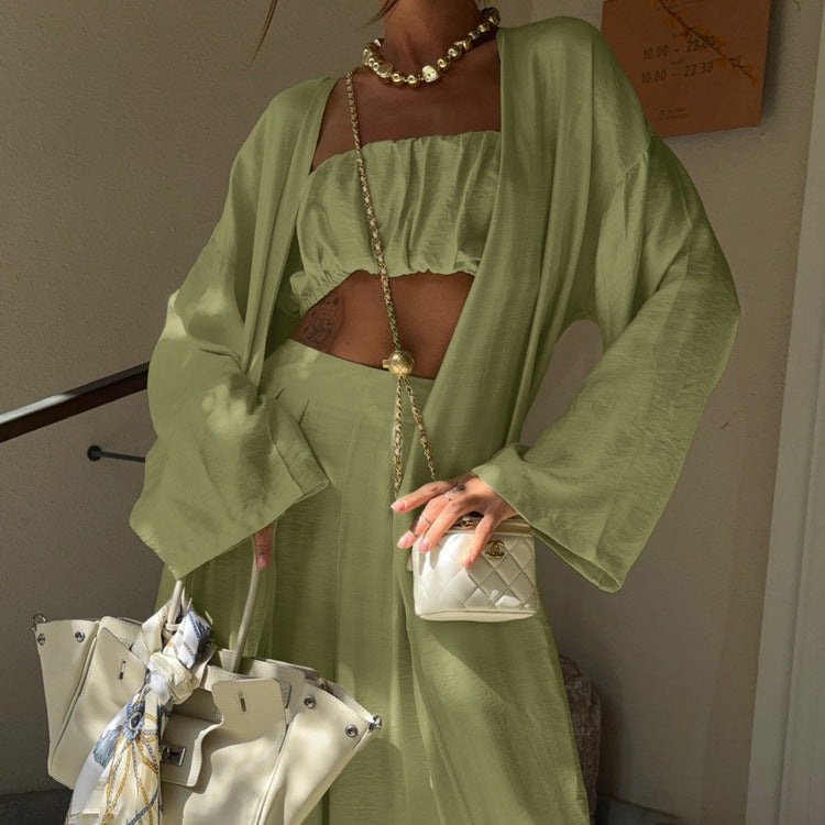 Sage Green 3-Piece Loungewear Set - Crop Top, Kimono Cardigan & Wide Leg Pants NorixaFashion.com