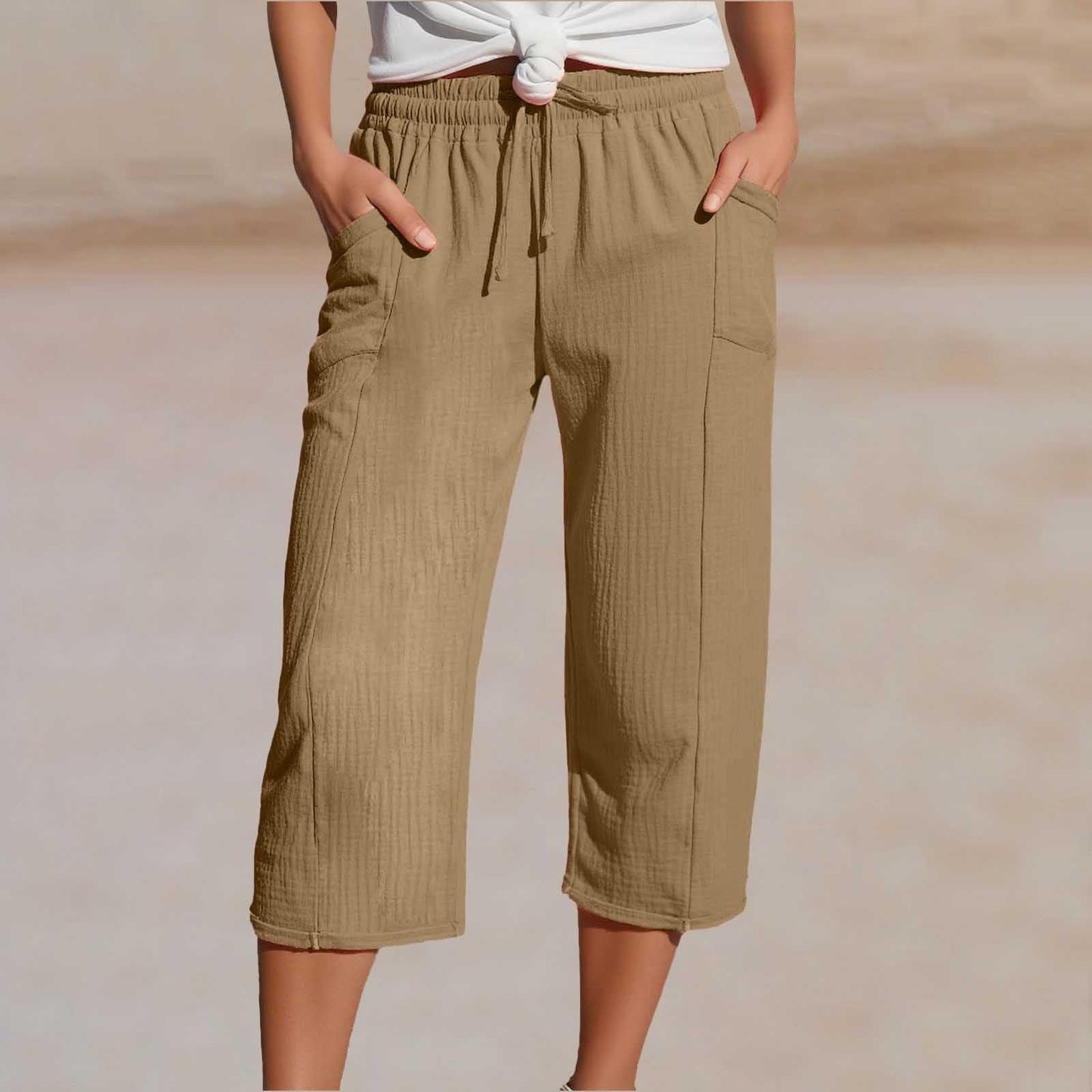 Women's Cotton-Linen Solid-Color Casual Cropped Pants With Elastic Waist NorixaFashion.com