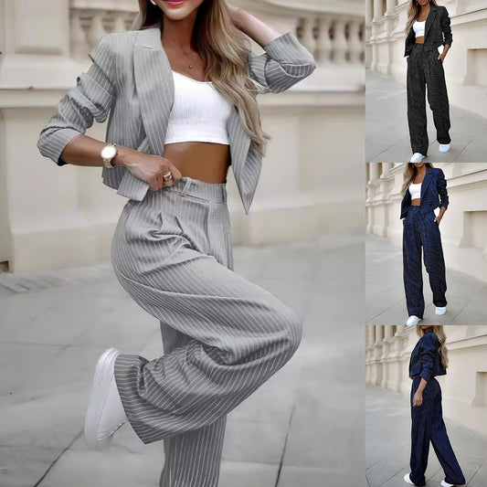Women's Spring Fashion Striped Suits Casual Lapel Long Sleeve Cropped Top And Straight Pants Outfits Women's Clothing LadyShow.Store