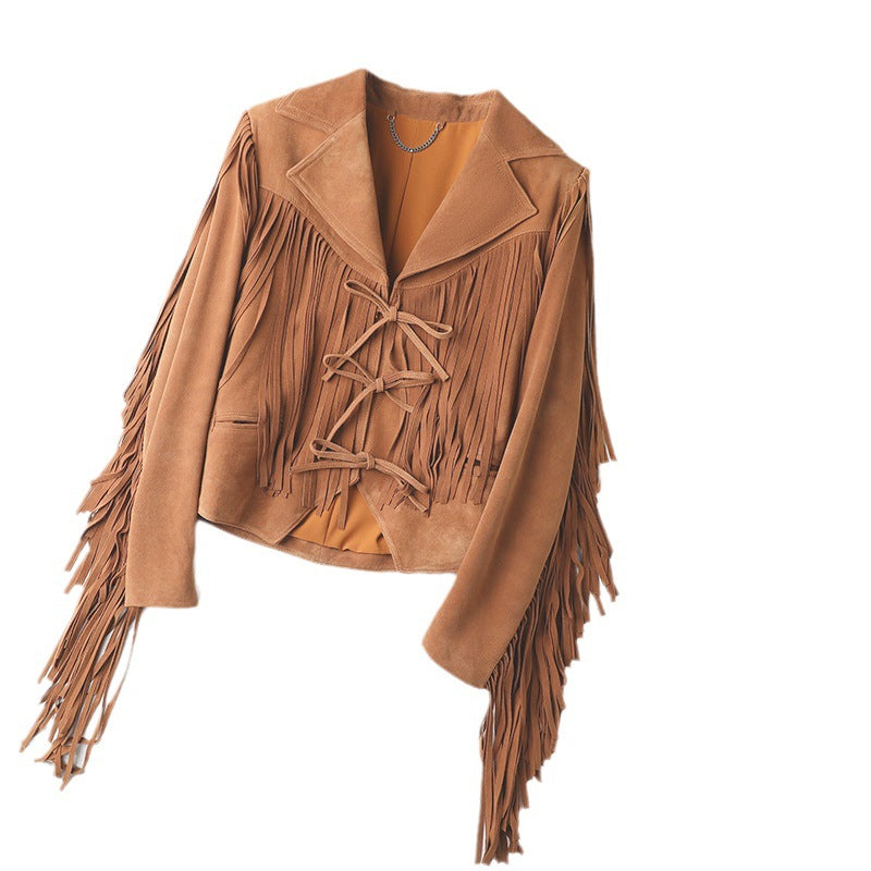 Genuine Leather Sheepskin Suede Lapel Tassel Motorcycle Short Jacket LadyShow.Store